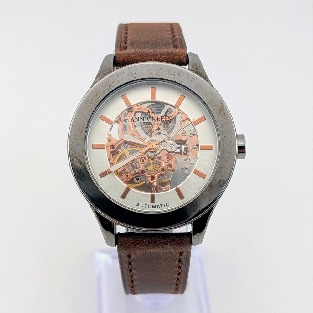 Anne Klein Automatic Skeleton Watch Rose Gold Tone Brown Leather 40mm TY2807RG